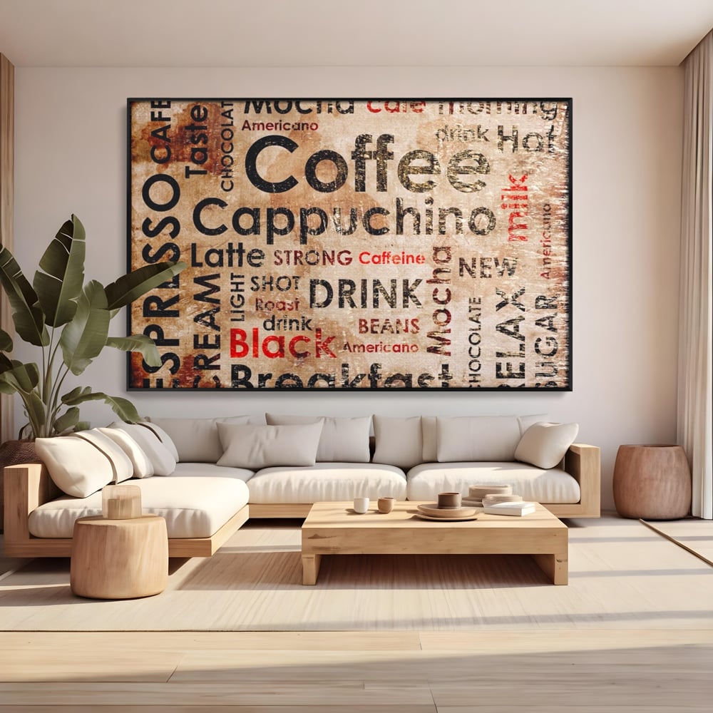 Tablou canvas cu tablou canvas tipografie cafea, in rama de aluminiu negru, pe perete intr-un living